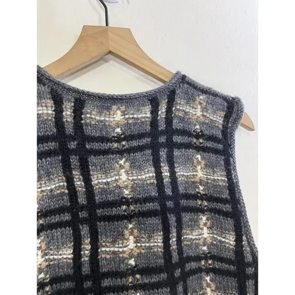 90s Cottagecore Grandma Wool Knit S Windowpane Plaid Vest Rustic Grunge Cozy Y2K - Picture 9 of 12